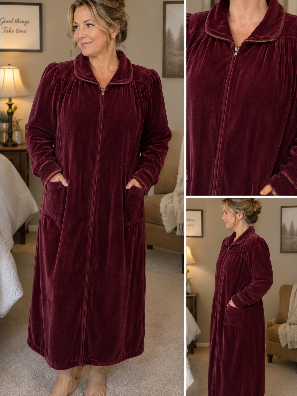 Vanity Fair Velour Zip Front Housecoat Robe XL Burgundy Pockets NWT